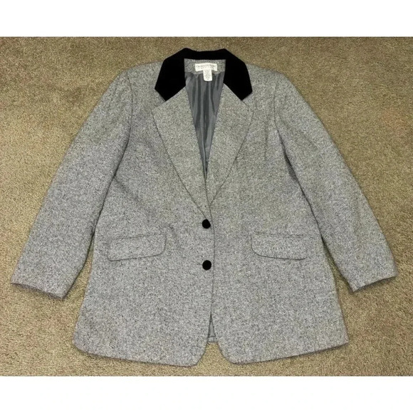 CROSS COUNTRY Vintage Women Gray Wool Blend Blazer Jacket Velvet Trim Office 20T - Picture 1 of 10